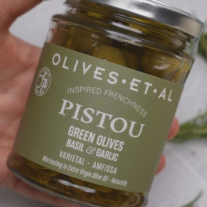 Pistou Basil & Garlic Whole Olives in Extra Virgin Olive Oil