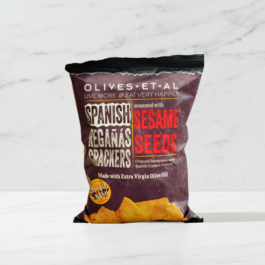 Bag of Olives Et Al Spanish Regañas crackers with sesame seeds on a white background
