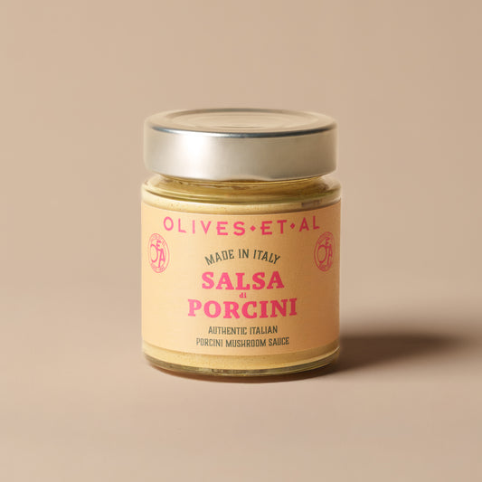 Olives Et Al Salsa di Porcini in a 135g glass jar, a rich Italian mushroom sauce made in Liguria with 49% porcini mushrooms, extra virgin olive oil, garlic and seasonings. Smooth, earthy and deeply savoury, it makes a thoughtful Christmas stocking filler or gourmet hamper treat for food lovers. Perfect for festive entertaining, spoon it over roast meats, stir into creamy risotto or pasta, or spread on toasted bruschetta for Christmas party nibbles. A delicious way to add rich Italian flavour to winter meals