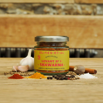 shawarma spices lifestyle image on wooden tabletop
