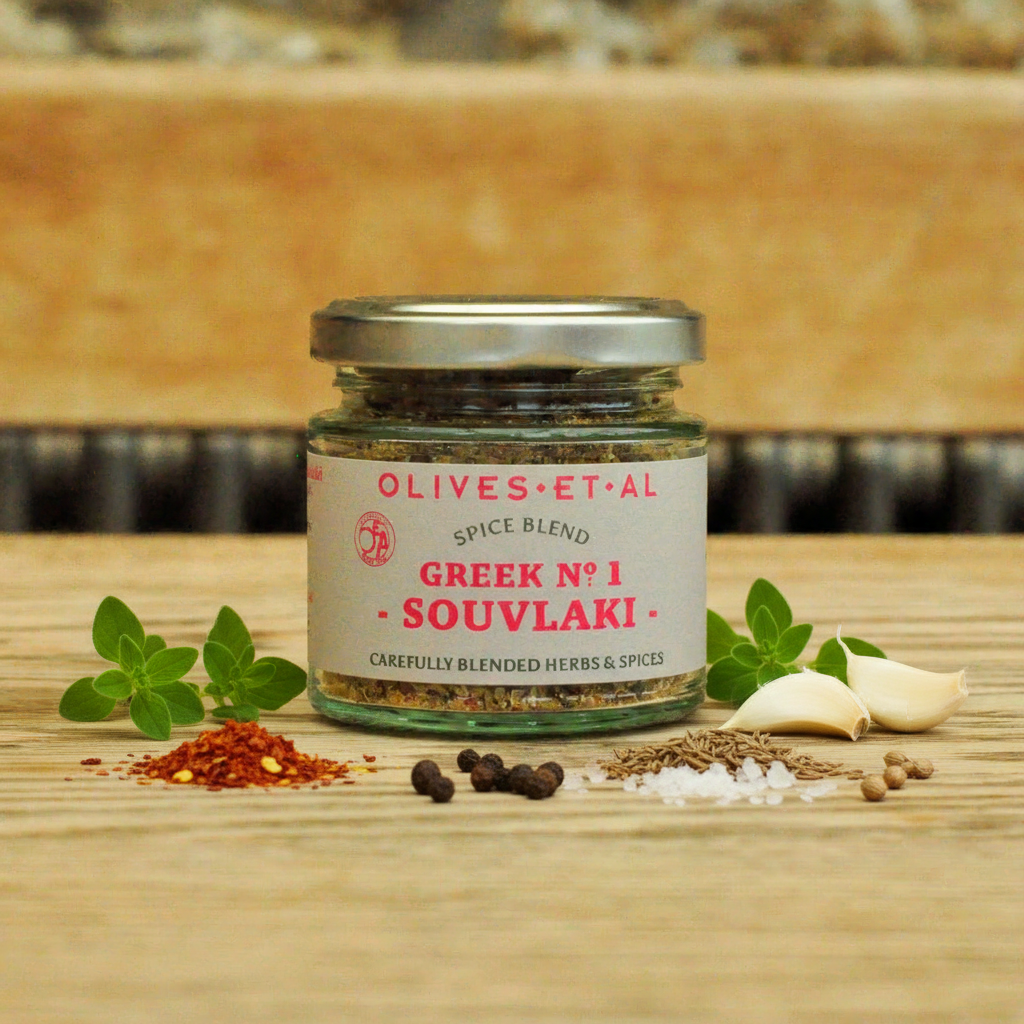greek souvlaki herbs and spices on wooden table 